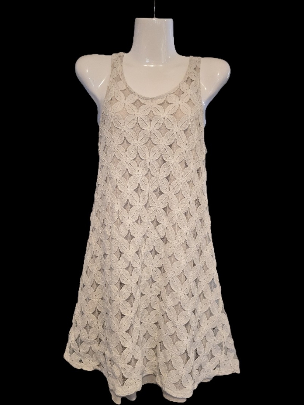 Crochet Style Lace Sleeveless A-Line Dress - Beige